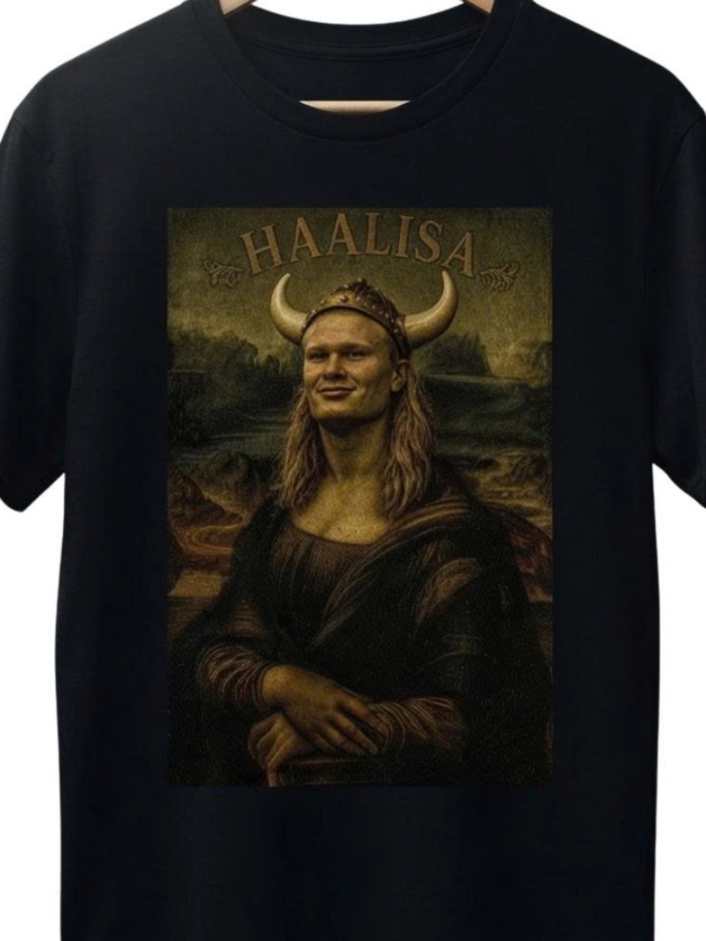 Black Graphic Tee with 'Haalisa' Viking Mona Lisa Print